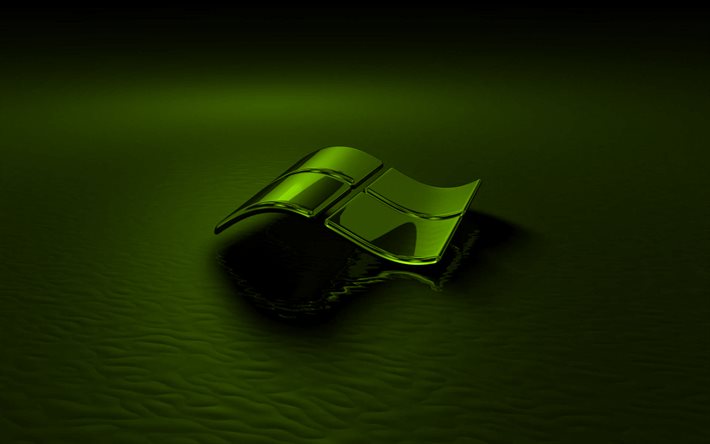 dark green 3d Windows logo, black background, 3d waves dark green background, Windows logo, Windows emblem, 3d art, Windows