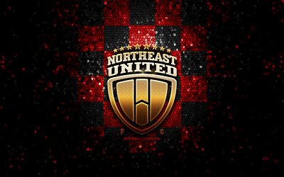 NorthEast United FC, glitter logo, ISL, red black checkered background, soccer, indian football club, NorthEast United logo, mosaic art, football, NorthEast United, India