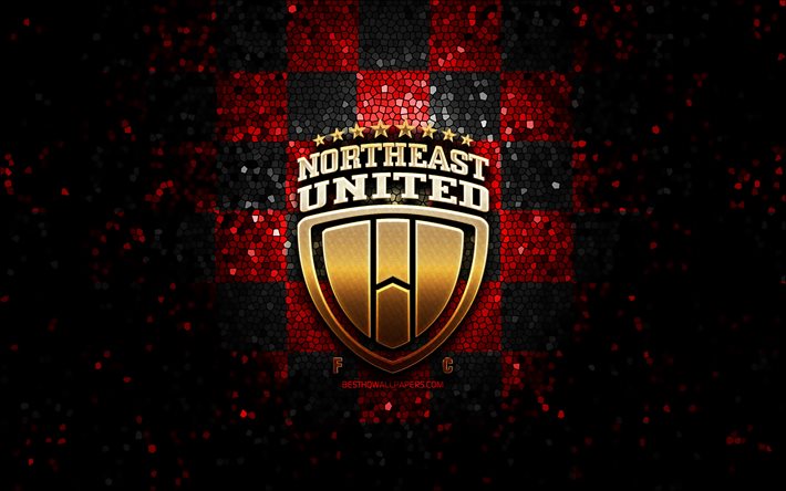 NorthEast United FC, logo glitter, ISL, rosso nero sfondo a scacchi, calcio, squadra di calcio indiana, NorthEast United logo, mosaico, arte, NorthEast United, India