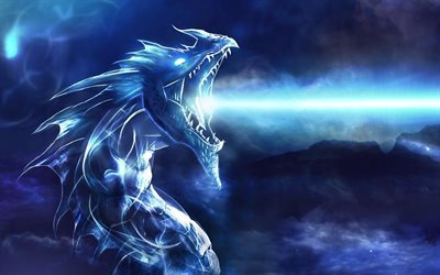 dragon, blue lights, art