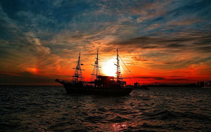 قارب المتعة, القارب, غروب الشمس, تركيا, المراكب الشراعية