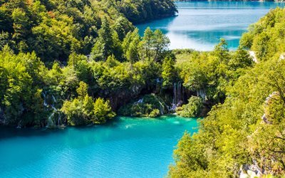 Parque Nacional Lagos de Plitvice, bosque, cascadas, verano, Croacia