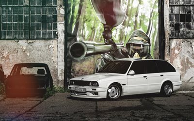 BMW M3, E30, wagons, graffiti, white bmw