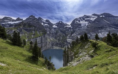 montanhas, rochas, lago de montanha, Alpes, Oeschinen Lake, Bernese Oberland, Su&#237;&#231;a