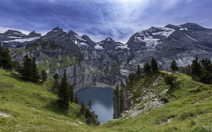 dağlar, kayalar, dağ, g&#246;l, Alpler, Oeschinen G&#246;l&#252;, Bern Oberland, İsvi&#231;re