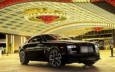 Rolls-Royce Wraith, Black Badge, 2016, bulbs, luxury car, black Rolls-Royce