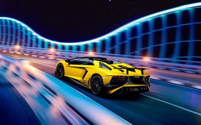 Lamborghini Aventador, lp700-4, borr&#227;o de movimento, noite, supercarros, amarelo aventador