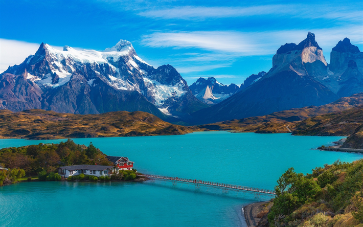 Dickson Lago, lago di montagna, Magallanes, montagne, lago blu, Cile