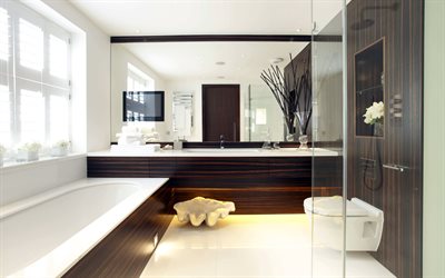浴室, 4k, 茶色のデザイン, モダンなアパートメント, 内装ア, モダンなデザイン