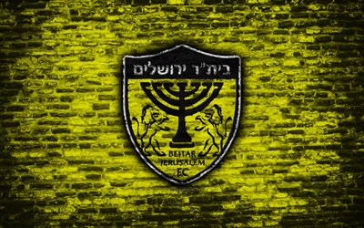 Beitar FC, 4k, logo, brick wall, Israel Ligat ha Al, football, Israeli football club, soccer, Beitar Jerusalem, brick texture, Jerusalem, Israel
