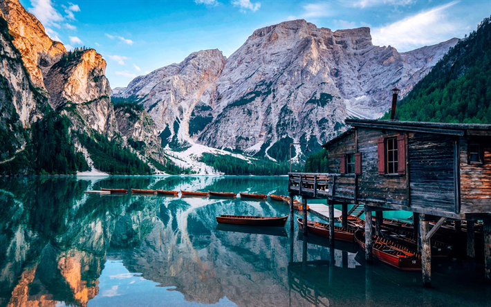 湖Braies, 自然の驚異, Pragser Wildsee, 湖Prags, 山々, Dolomites, 南チロル, イタリア, 欧州