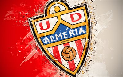 UD Almeria, 4k, paint art, logo, creative, Spanish football team, Segunda, emblem, red white background, grunge style, Almeria, Spain, Second Division B, football