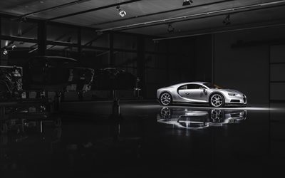 Bugatti Chiron, 2018, ガレージ, hypercar, 車組立, 新しい銀Chiron, スウェーデンのスポーツカー, Bugatti