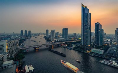 Bangkok, soir&#233;e, coucher du soleil, gratte-ciel, rivi&#232;re, m&#233;tropole, la Tha&#239;lande, l&#39;architecture moderne