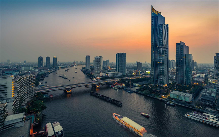 Bangkok, kv&#228;ll, sunset, skyskrapor, river, metropol, Thailand, modern arkitektur