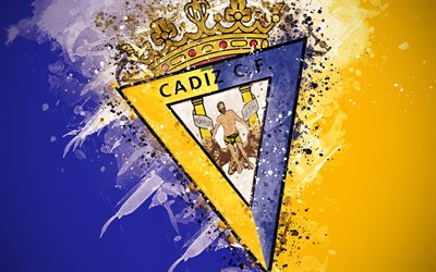 Cadiz CF, 4k, paint taidetta, logo, luova, Espanjan jalkapallo joukkue, Toinen, tunnus, sininen keltainen tausta, grunge-tyyliin, Cadiz, Espanja, Toisen Divisioonan B, jalkapallo