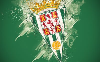 Cordoba FC, 4k, paint taidetta, logo, luova, Espanjan jalkapallo joukkue, Toinen, tunnus, vihre&#228; tausta, grunge-tyyliin, Cordoba, Espanja, Toisen Divisioonan B, jalkapallo