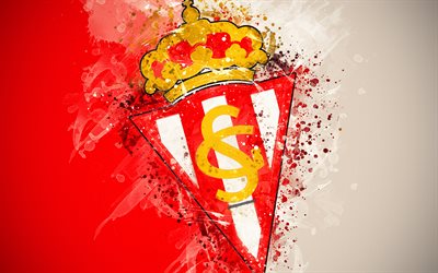 Gijon FC, Real Sporting de Gijon, 4k, paint art, logo, creative, Spanish football team, Segunda, emblem, red white background, grunge style, Gijon, Spain, Second Division B, football