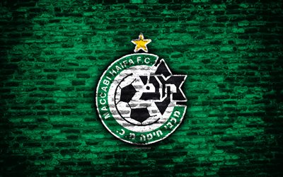 Maccabi Haifa FC, 4k, logo, tuğla duvar, İsrail Premier Ligi, futbol, İsrail Futbol Kul&#252;b&#252;, tuğla doku, Haifa, İsrail