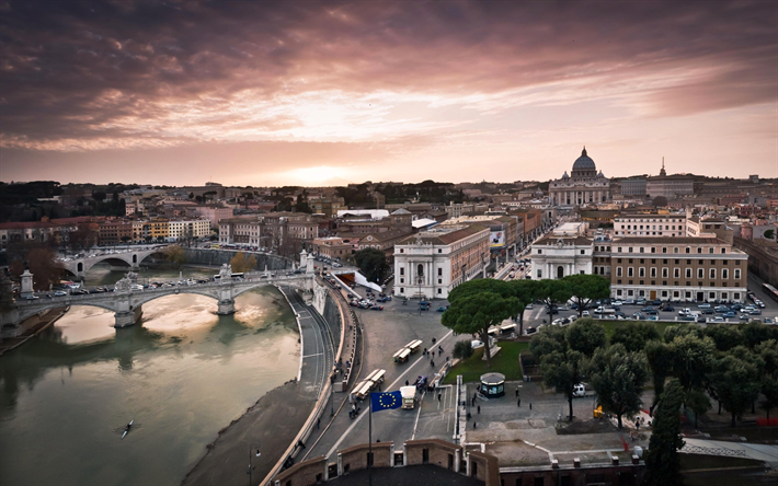 Floden Tibern, Rom, kv&#228;ll, sunset, Italien, Europeiska Unionens flagga, urban panorama, horisontlinjen