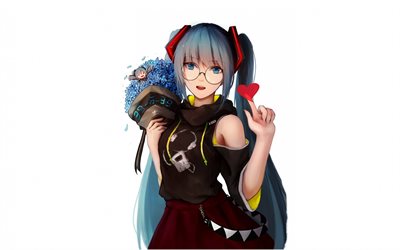 Hatsune Miku, Vocaloid, bouquet of blue flowers, Japanese manga, main character, portrait, characters