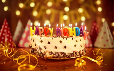 4k, Happy Birthday, burning candles, evening, sweets, birthday cake