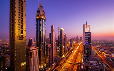Dubai, Sheikh Zayed Road, tramonto, sera, grattacieli, architettura moderna, Emirati Arabi Uniti