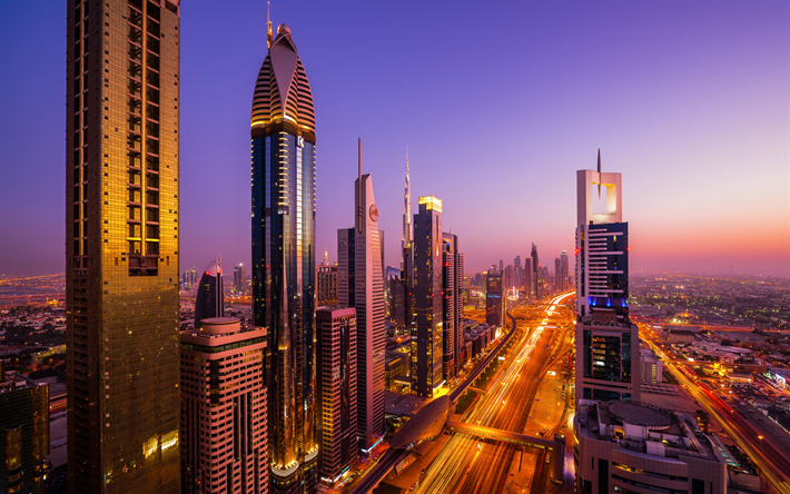 Dubai, Sheikh Zayed Road, puesta de sol, noche, rascacielos, arquitectura moderna, Emiratos &#193;rabes Unidos