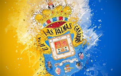 UD لاس بالماس, 4k, الطلاء الفن, شعار, الإبداعية, الإسباني لكرة القدم, الثاني, الأصفر خلفية زرقاء, أسلوب الجرونج, لاس بالماس دي غران كناريا, إسبانيا, الدرجة الثانية ب, كرة القدم