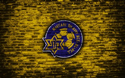 Maccabi Tel Aviv FC, 4k, logo, tuğla duvar, İsrail Premier Ligi, futbol, İsrail Futbol Kul&#252;b&#252;, tuğla doku, Tel Aviv, İsrail