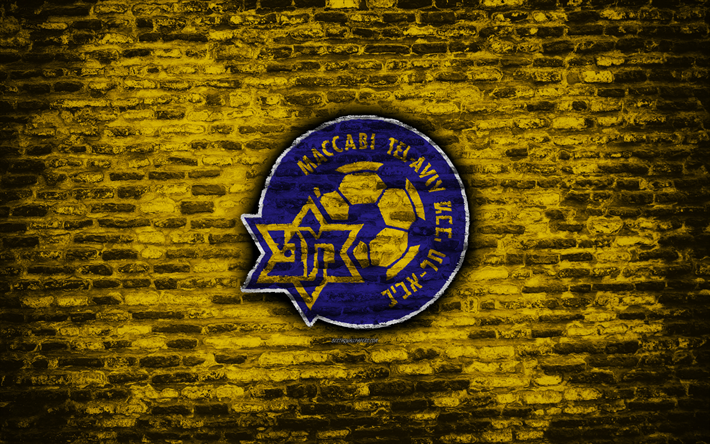 Maccabi Tel-Aviv FC, 4k, logo, mur de briques, Premier ministre Isra&#233;lien de la Ligue, football, Isra&#233;lien, club de football, le soccer, la texture de brique, Tel Aviv, Isra&#235;l