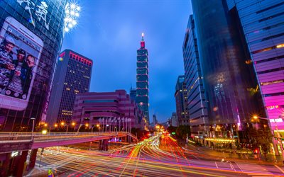 Taipei 101, 4k, liikennevalot, moderneja rakennuksia, Taiwan, pilvenpiirt&#228;ji&#228;, Kiina, Aasiassa