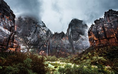 4k, Zion national park, Emerald Pools, waterfall, cliffs, mountains, Utah, USA, America