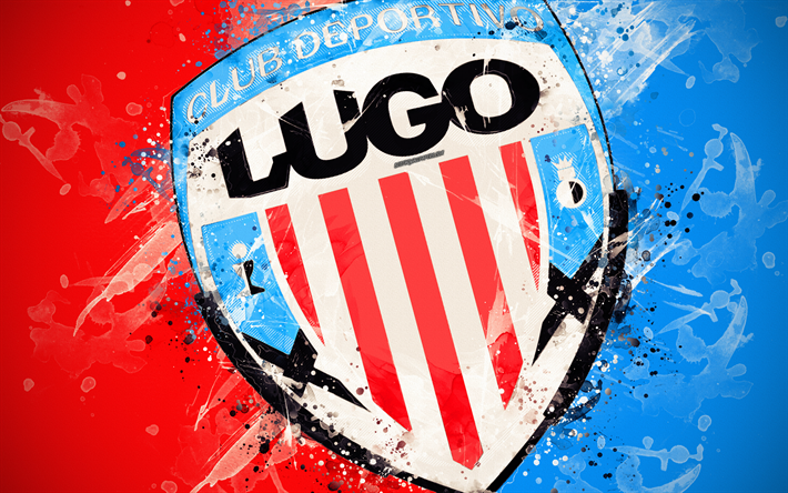 CD Lugo, 4k, paint art, logo, creative, Spanish football team, Segunda, emblem, red blue background, grunge style, Lugo, Spain, Second Division B, football