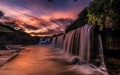 Negro cascada, tarde, puesta de sol, Jap&#243;n, hermosa cascada, lago, cascada
