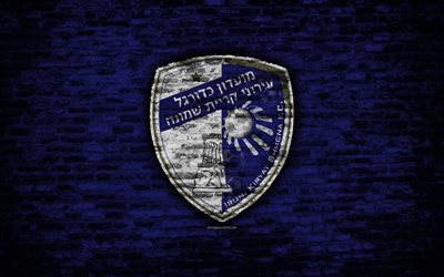 Shmona FC, 4k, logo, parede de tijolo, Israelenses Premier League, futebol, Israelenses futebol clube, O Hapoel Ironi Kiryat Shmona FC, textura de tijolos, Kiryat Shmona, Israel