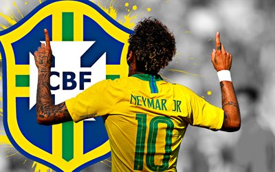 Neymar Jr, 4k, 10 Number, Brazil national football team, emblem, logo, art, Brazilian footballer, creative art, Brazil, football