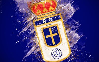 Real Oviedo, 4k, m&#229;la konst, logotyp, kreativa, Spansk fotboll, Andra, emblem, bl&#229; vit bakgrund, grunge stil, Oviedo, Spanien, Andra Divisionen B, fotboll
