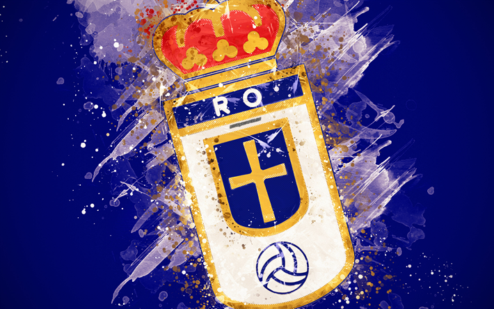Real Oviedo, 4k, pintura, arte, logotipo, creativo, equipo espa&#241;ol de f&#250;tbol, Segunda, emblema, azul, blanco, antecedentes, grunge estilo, Oviedo, Espa&#241;a, Segunda Divisi&#243;n B de f&#250;tbol