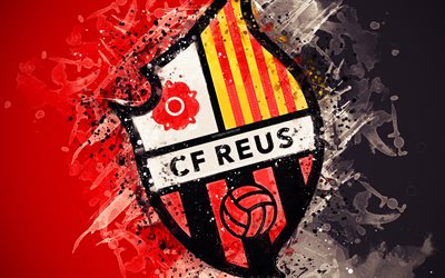 CF Reus Deportiu, 4k, pintura, arte, logotipo, creativo, equipo espa&#241;ol de f&#250;tbol, Segunda, emblema, color rojo con fondo negro, estilo grunge, Reus, Espa&#241;a, Segunda Divisi&#243;n B de f&#250;tbol