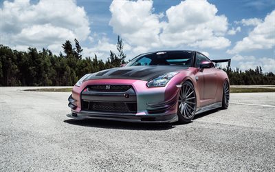 Nissan GT-R, supercars, raceway, stance, pink GT-R, R35, tuning, japanese cars, Nissan