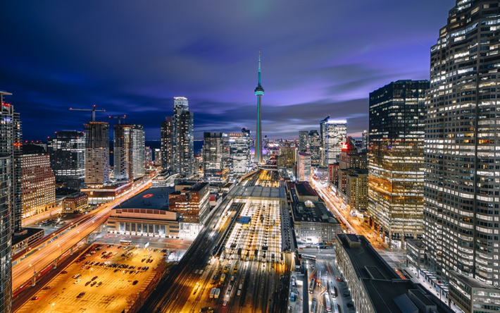 Toronto, CN Tower, evening, city lights, cityscape, skyscrapers, Canada, Ontario