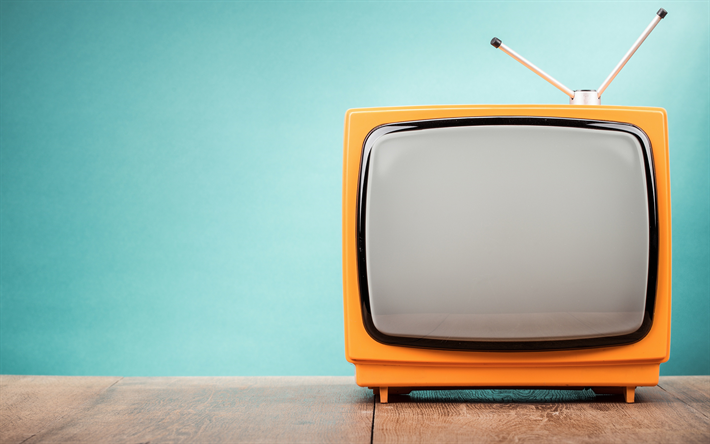 gamla orange TV, retro objekt, TV, tabell, TV-koncept