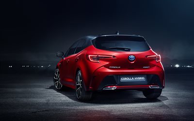 Toyota Corolla, Ibrido, 2018, 4k, vista posteriore, rosso berlina, la nuova Corolla rosso, auto Giapponesi, Toyota