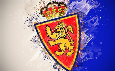 Real Zaragoza, 4k, paint art, logo, creative, Spanish football team, Segunda, emblem, white blue background, grunge style, Zaragoza, Spain, Second Division B, football