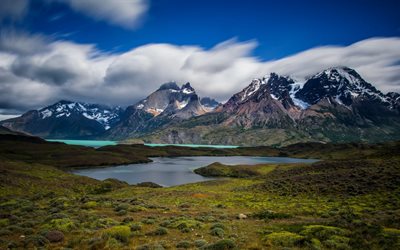 Torres del Paine, national park, mountain landscape, glacial lake, mountains, emerald lake, glaciers, Patagonia, Chile