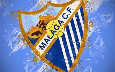 Malaga CF, 4k, paint art, logo, creative, Spanish football team, Segunda, emblem, blue background, grunge style, Malaga, Spain, Second Division B, football