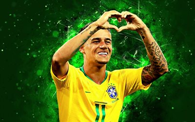 4k, Coutinho, goal, abstract art, Phil Coutinho, Brazil National Team, Philippe Coutinho, soccer, neon lights, football stars, Brazilian football team