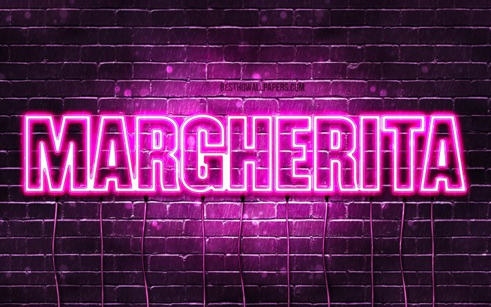 Margherita, 4k, taustakuvia nimet, naisten nimet, Margherita nimi, violetti neon valot, Happy Birthday Margherita, suosittu italian naisten nimet, kuva Margherita nimi