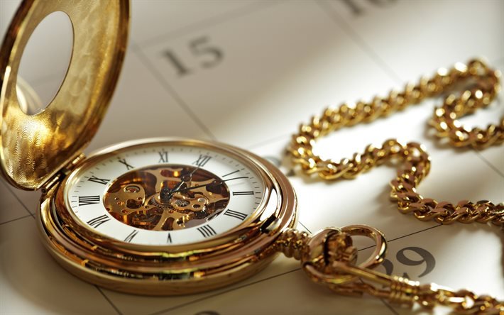 reloj de bolsillo de oro, negocios, conceptos de fecha l&#237;mite, reloj de oro en el calendario, conceptos de negocio